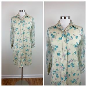 Cobbies By Cos Cob Vintage Floral Cream Blue Sheer Long Sleeve Dress Women 13/14